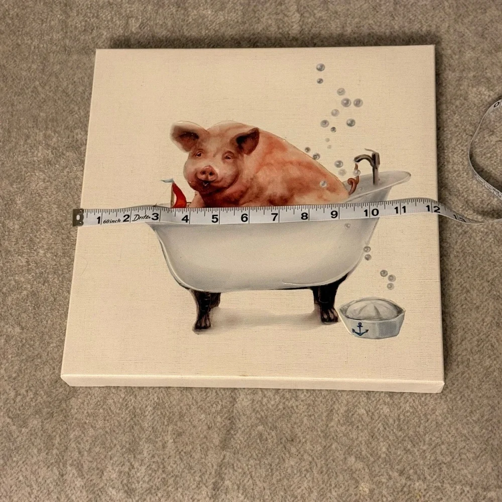 Whimsical Pig in Bathtub Canvas Art 12in x 12in
